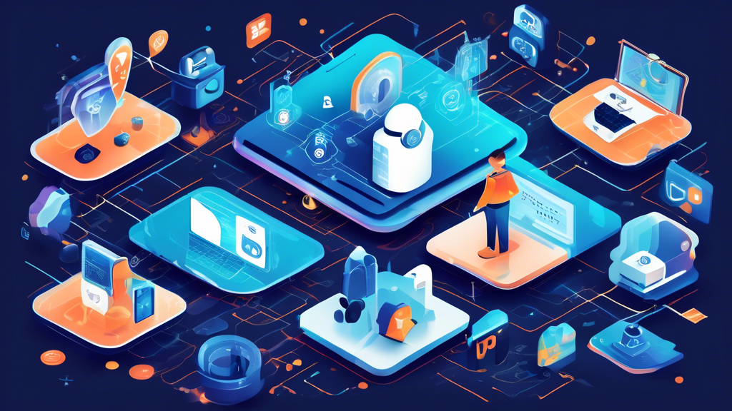A beautifully illustrated digital landscape showcasing various online privacy tools and services, such as VPNs, secure browsers, and encrypted messaging apps, with icons representing cybersecurity, data protection, and privacy shields. The background features a friendly robot guiding a user through a digital path, surrounded by symbols of safety and confidentiality like locks, keys, and virtual security checkpoints.