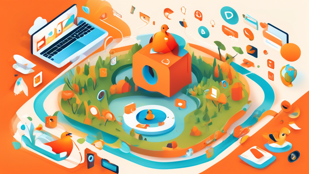 Create an illustration of a vibrant digital landscape showcasing the features of the DuckDuckGo online browser. Include elements like a magnifying glass symbolizing privacy, multiple colorful tabs representing search results, and an iconic duck mascot navigating through a web of interconnected information. The background should be a modern, abstract representation of the internet filled with icons for security, simplicity, and user-friendliness.