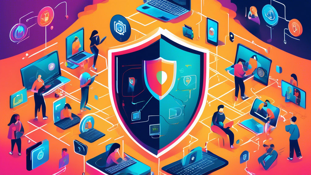 An informative and visually engaging digital poster illustrating the concept of online security and digital privacy. Include elements like a shield representing protection, a secure lock symbol, and various digital devices such as smartphones and laptops surrounded by a colorful network of encrypted data streams. Meanwhile, incorporate the logo of the Digital Privacy Alliance prominently in the center, with a diverse group of people engaged in online activities while practicing safe internet habits. The background should feature abstract representations of the internet and cybersecurity icons.