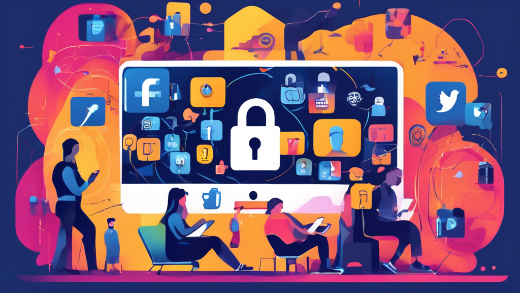 Create an illustration that visually represents the concept of online privacy on social media, specifically focusing on Facebook. The image should depict a vibrant digital landscape filled with symbolic elements such as a locked padlock, a shield, and silhouettes of people interacting with their devices. Include graphical representations of personal information like messages, photos, and likes, being securely protected by a protective barrier. Use a modern and engaging color palette to convey a sense of security and awareness in the digital age.